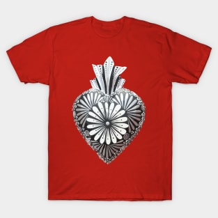 Mexican wooden heart Oaxacan wood carving hand painted flower milagrito black and white folk art interior design decoration T-Shirt